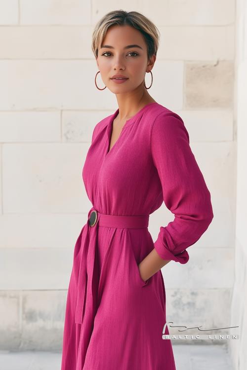 Fuchsia Linen Dress Styled with a Pixie Cut in Scenic Granada
