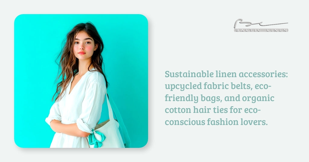 Sustainable linen accessories: upcycled fabric belts, eco-friendly bags, and organic cotton hair ties for eco-conscious fashion lovers.
