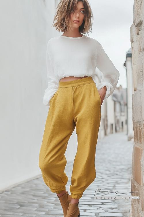Chic Asymmetrical Bob with Mustard Linen Pants in Saint-Malo