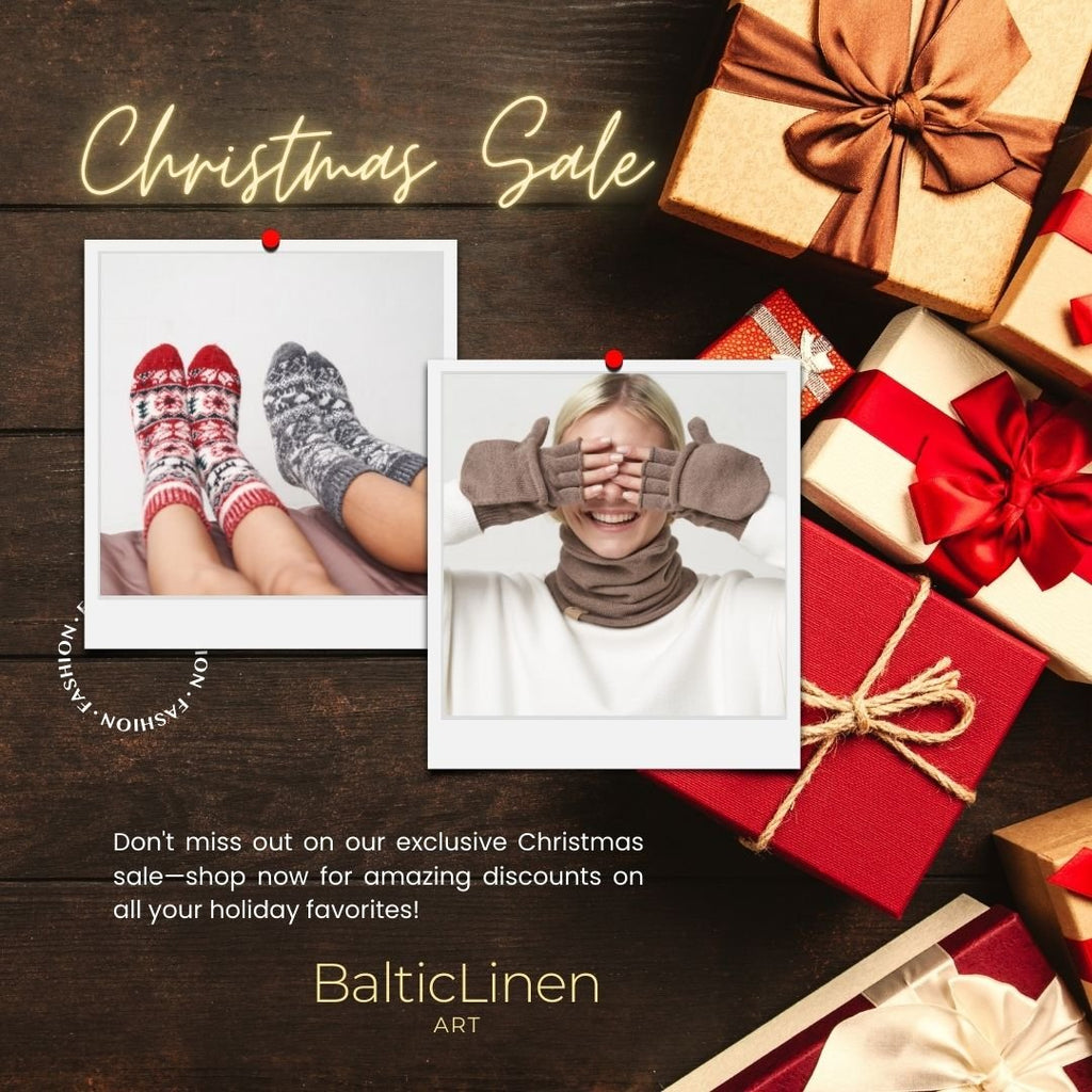 Warm woolen Christmas socks, hat, and gloves displayed together, perfect for cozy holiday moments; don’t miss out on Baltic Linen’s special Christmas discounts!
