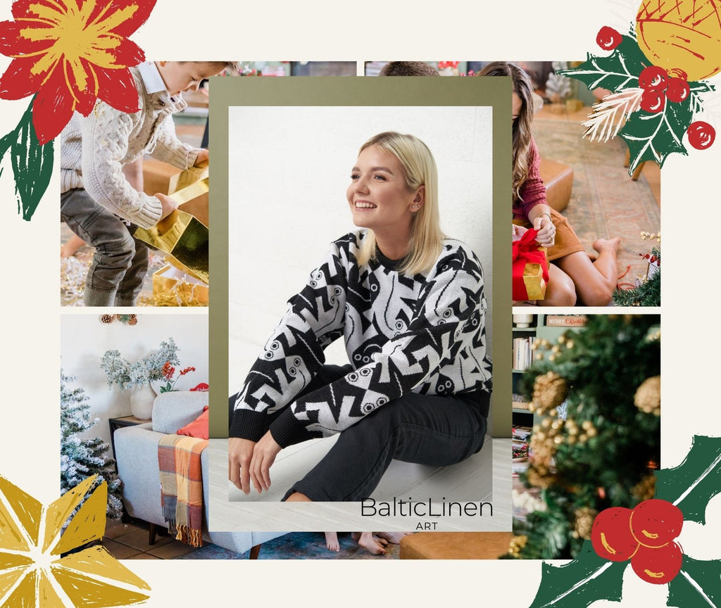 A smiling and happy woman wearing our sweater in a festive Christmas setting with gifts and holiday decorations