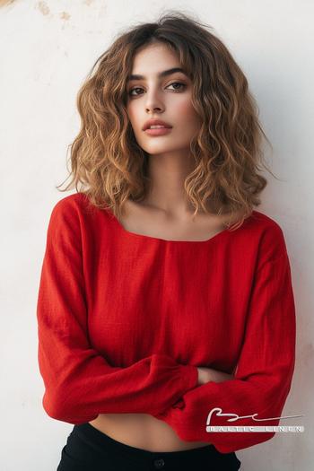 Aerial view of a beautiful woman with curly hair in Granada.