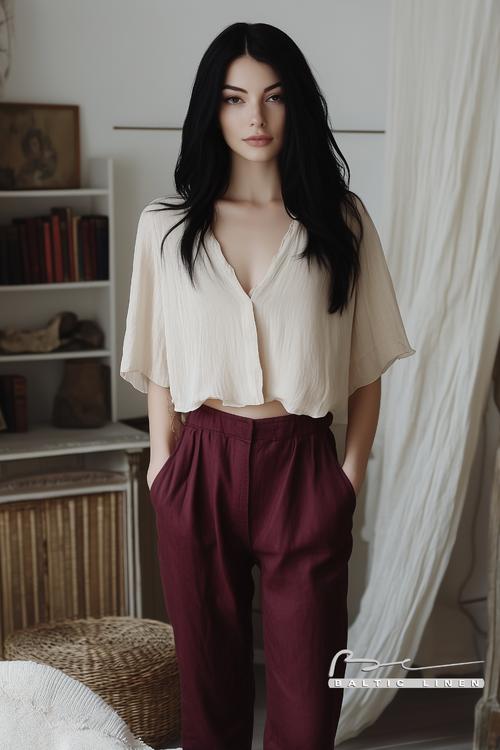 Charming linen blouse styled with Cotswold cottages and books backdrop