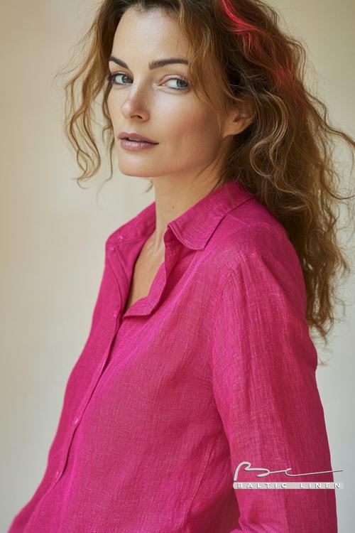 Stunning fuchsia linen shirt for summer style at Pierrefonds Castle