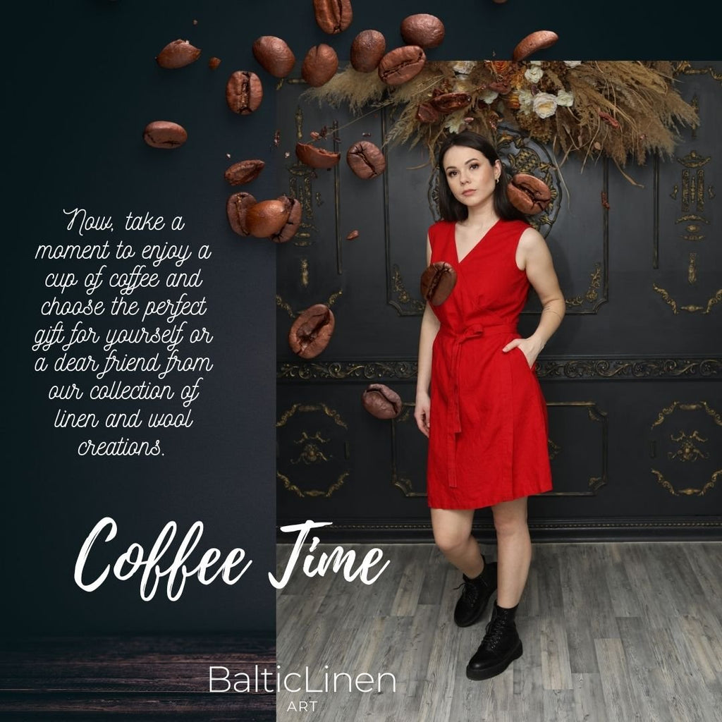 Against a dark background, brown coffee beans fall as a woman in an elegant red linen dress invites you to enjoy a coffee and visit our store to find the perfect Christmas gift.