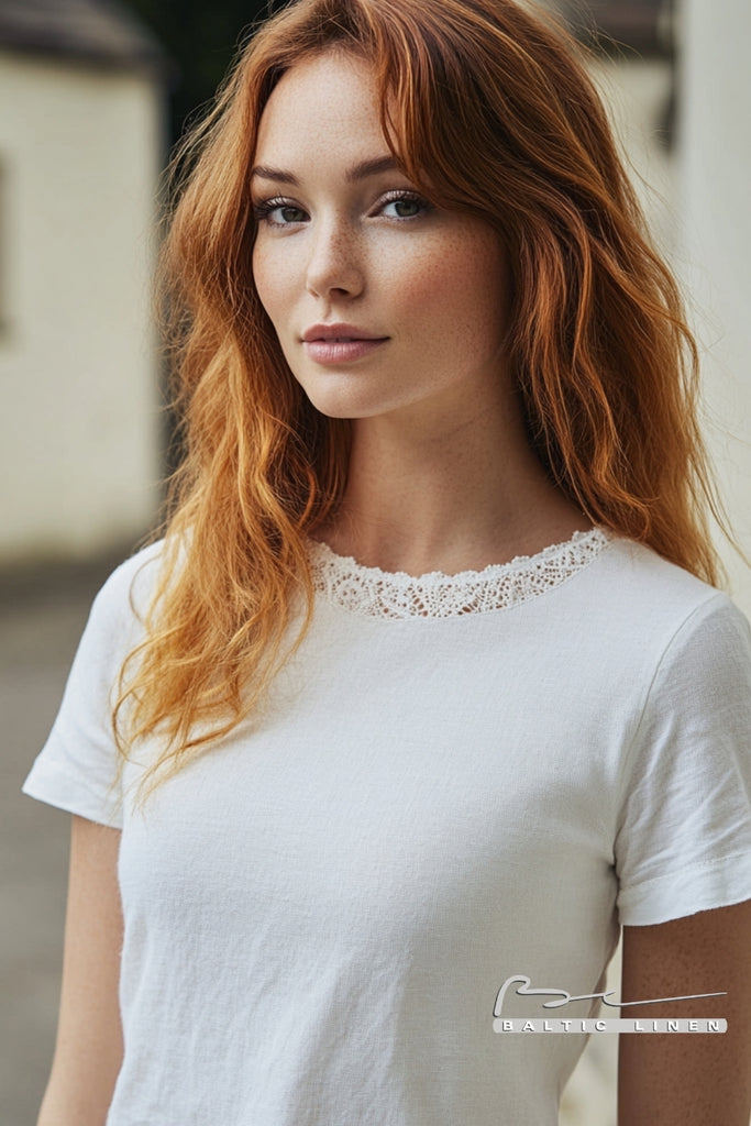 "Stylish white linen t-shirt with elegant lace details for summer"