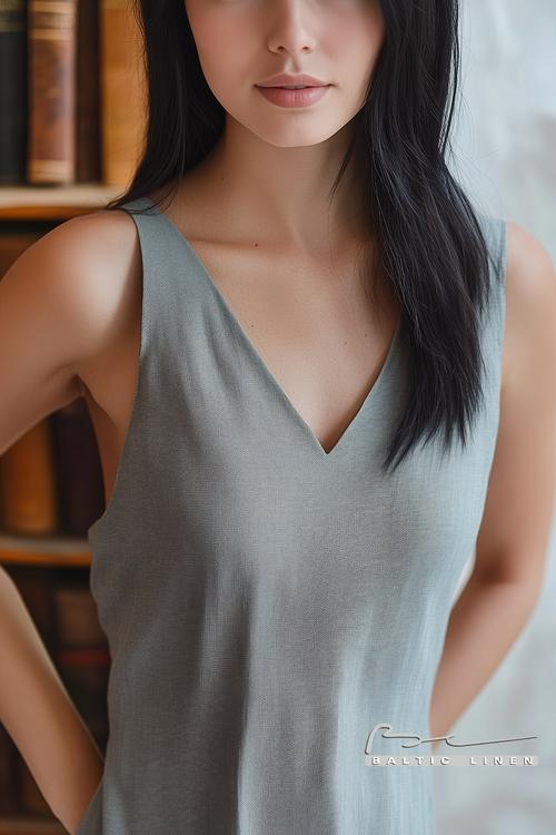 Dreamy woman in linen dress with antique books, soft and serene vibe