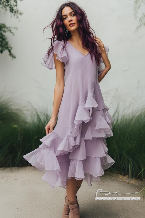 Burgundy waves paired with a light purple dress at Kew Gardens