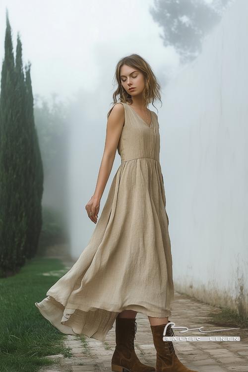 Eco-Friendly Linen Dress in Misty Generalife Gardens with Scenic Views