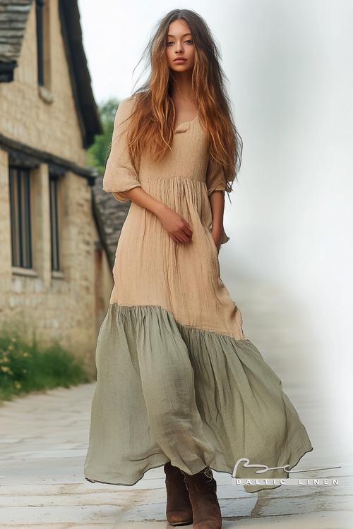 Beautiful linen dress styled by picturesque Cotswold cottages backdrop