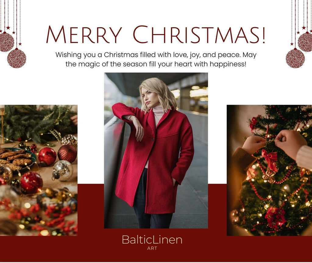 Festive photo of a woman in a red coat near elegantly adorned Christmas tree fragments, paired with a holiday greeting