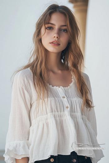 Elegant beachy waves hairstyle with ruffled blouse in Seville