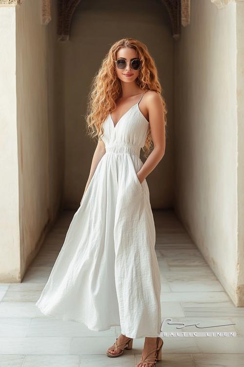 Stunning woman in white linen dress, full body shot at Alhambra.