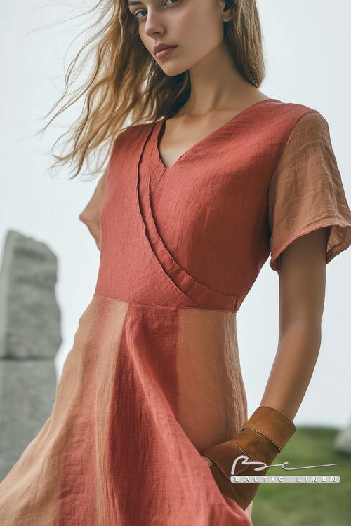 Flowing linen dress in serene Carnac stones landscape