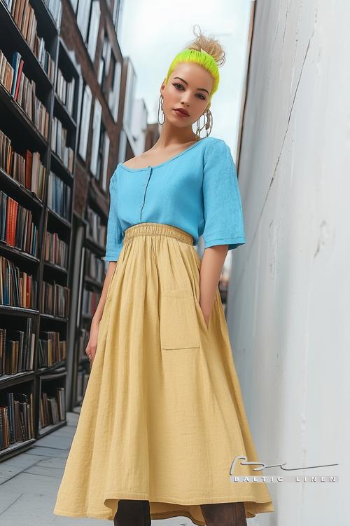 Eco-friendly fashion with neon hair and a linen dress in NYC