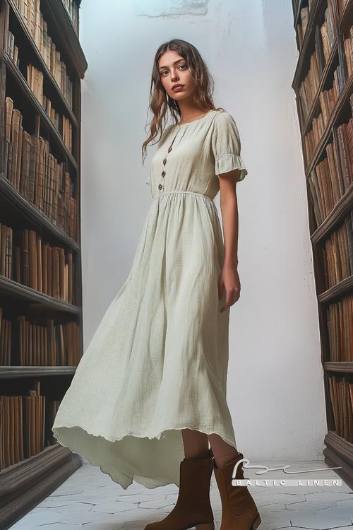 Eco-Friendly Linen Dress in a Cozy Library: Sustainable Style Inspiration