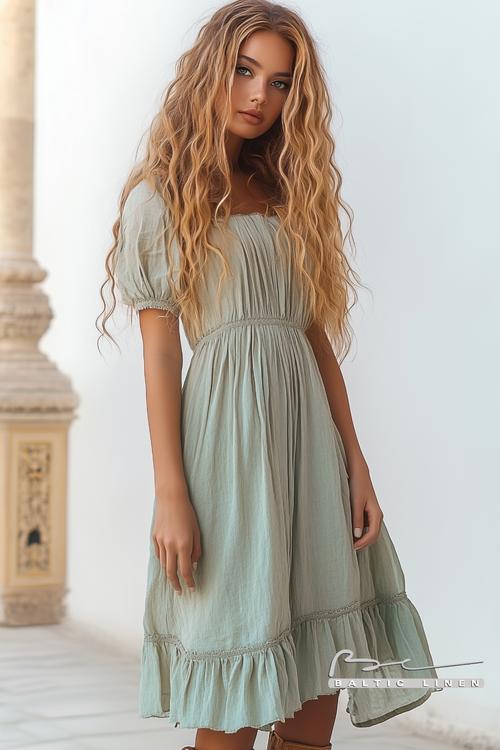 Stunning high-angle portrait of a dreamy linen dress at Plaza de España