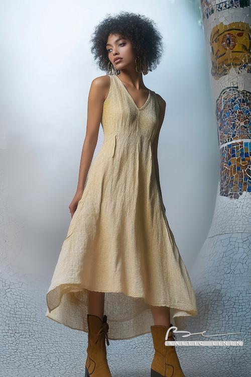Afro beauty in a flowing linen dress at Park Güell, Barcelona