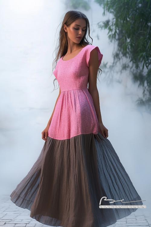Elegant pink linen dress for a stylish nighttime look and inspiration.