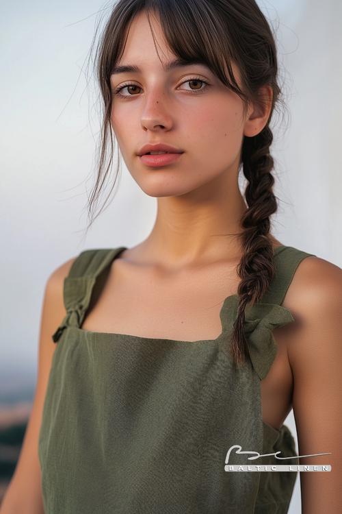 Olive green dress with fishtail braid at sunset for style inspiration