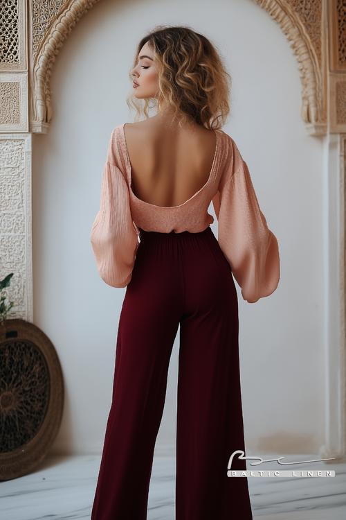 Burgundy pants and peach top stylish outfit inspiration for fall