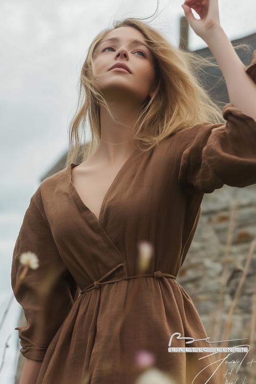 Stunning Brown Linen Dress in Serene Wildflower Gardens