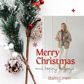 Holiday-themed photo of a woman in a light wool blazer, wishing a merry Christmas and happy holidays, with a bright tone and a decorated Christmas tree branch nearby