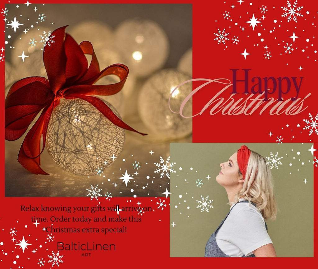 On a red background, a decorated Christmas ornament tied with a red ribbon, alongside a woman wearing a red linen headband, wishing a merry Christmas and timely gifts available on our website