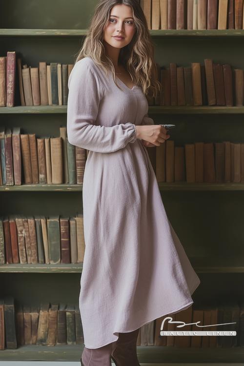 Lilac linen dress look at Carcassonne Castle for dreamy portraits