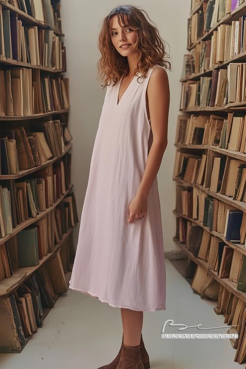 Lou Doillon in a Beautiful Linen Dress Surrounded by Antique Bookshelves