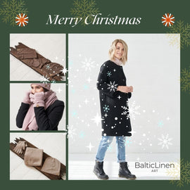 Against a green background, a woman wearing a black wool coat smiles amidst snowflakes. The image also showcases a scarf, gloves, and a hat—perfect Christmas gifts for you and your loved ones.