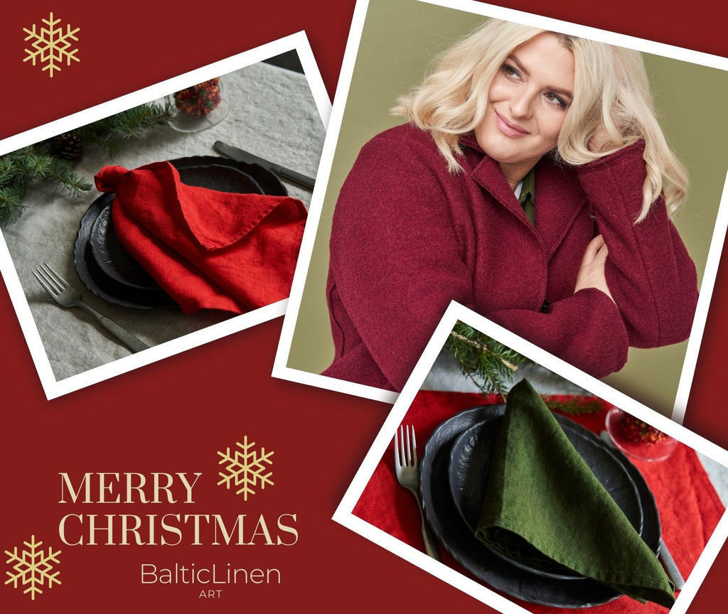 Christmas-themed picture with a young woman in our wool coat and a close-up of decorations featuring our linen napkins