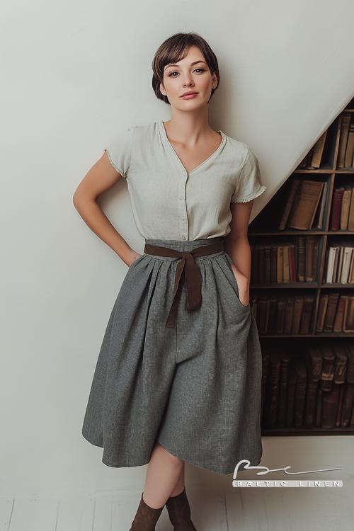 Stylish grey linen skirt in a cozy library for elegant inspiration