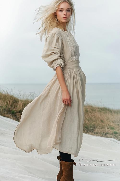Stylish Eco-Friendly Linen Dress on a Beautiful Pink Granite Coast