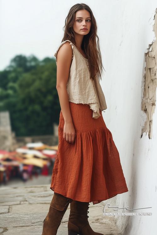 Chic eco-friendly linen dress captured at Pierrefonds Castle