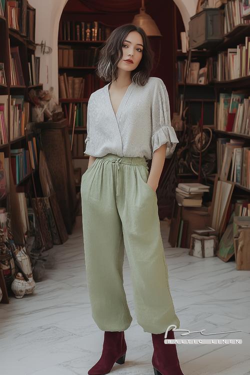 Chic asymmetrical bob hairstyle and linen blouse at Granada market