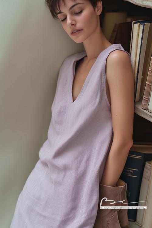 Stunning coastal views in a purple linen dress by Malika Louback