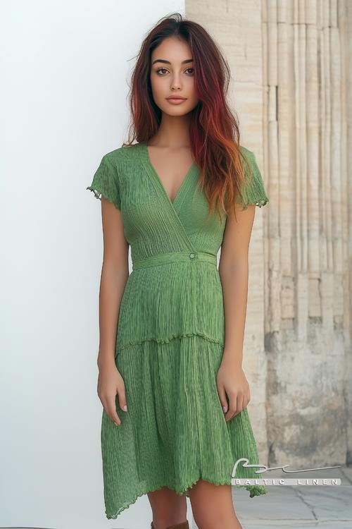 Burgundy hair ideas paired with a stylish green dress in Granada