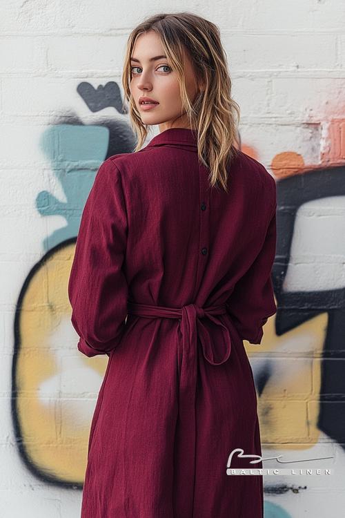 Stylish maroon linen dress for urban chic fashion in London