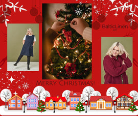 Festive red card with a Christmas tree in the center, a woman in a wool blazer on the right, and the same woman in a dark blue apron on the left