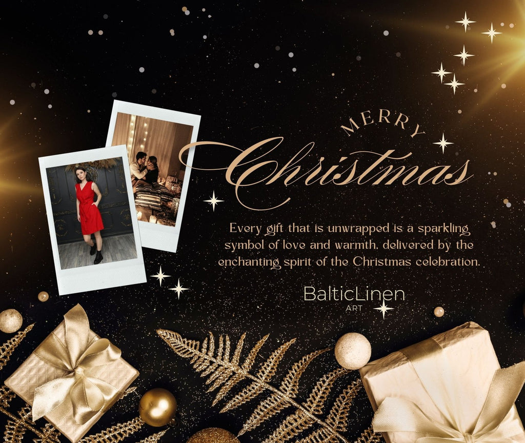 Christmas greetings on a dark background with golden stars, beautifully wrapped gifts in golden paper, and a woman wearing a Baltic Linen red dress