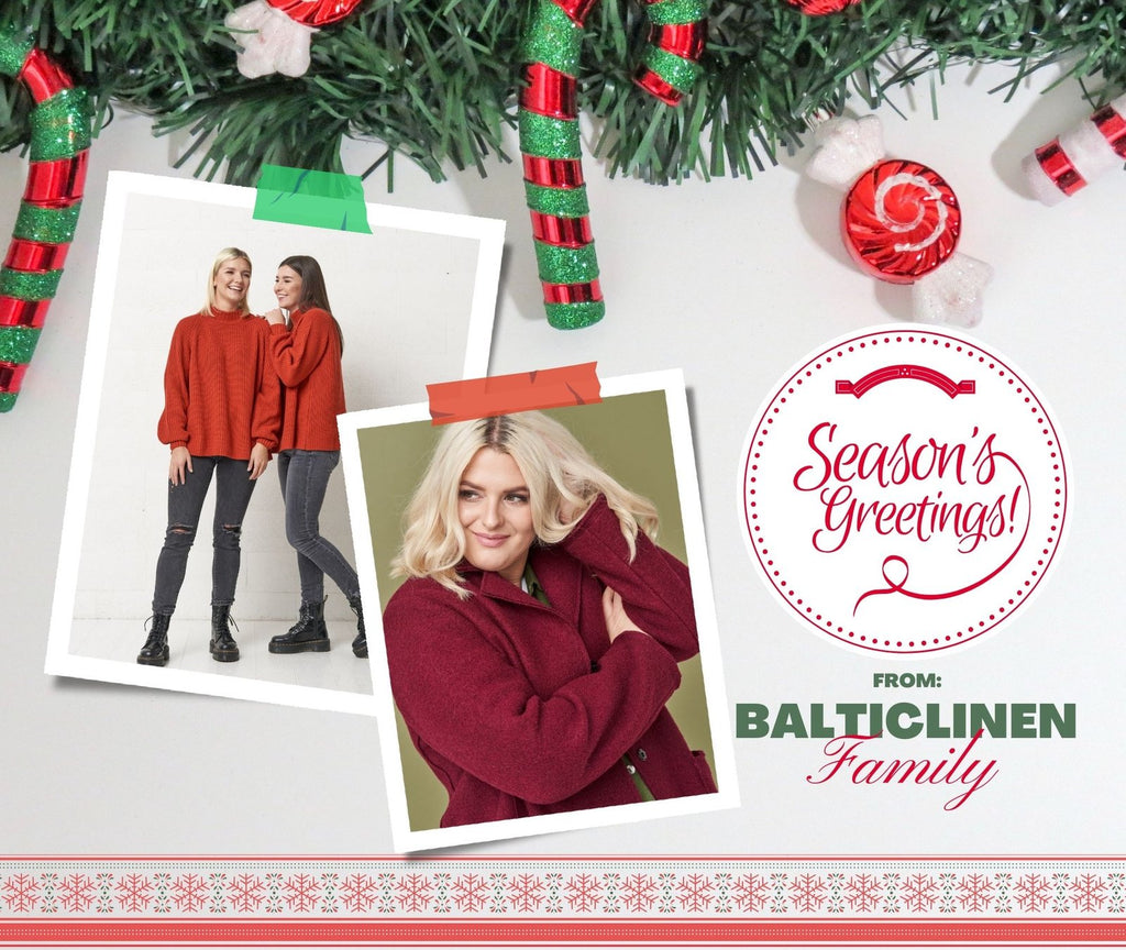 Season's greetings from Baltic Linen featuring women wearing our sweaters and wool jacket.