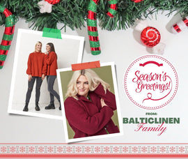 Season's greetings from Baltic Linen featuring women wearing our sweaters and wool jacket.