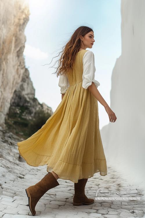 Beautiful Linen Dress Against Andalusian Scenery in Dreamy Style