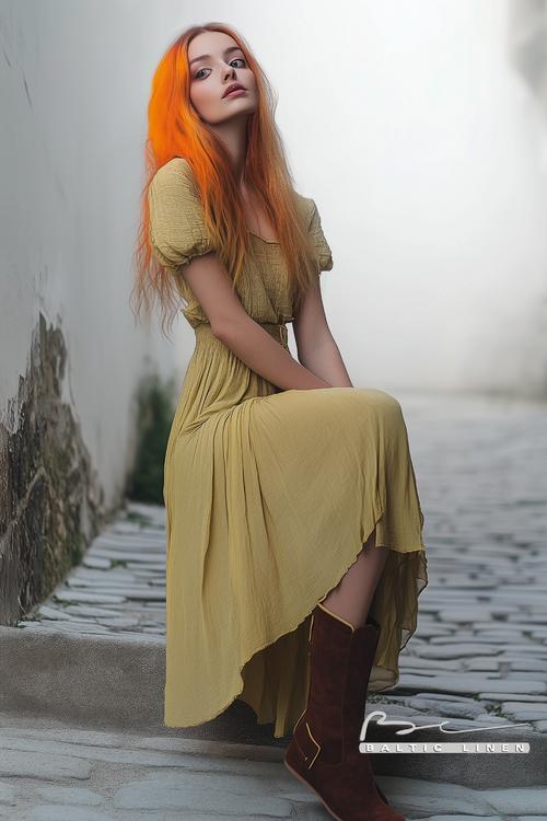 Neon hair with flowing dress in dreamy Saint-Malo setting