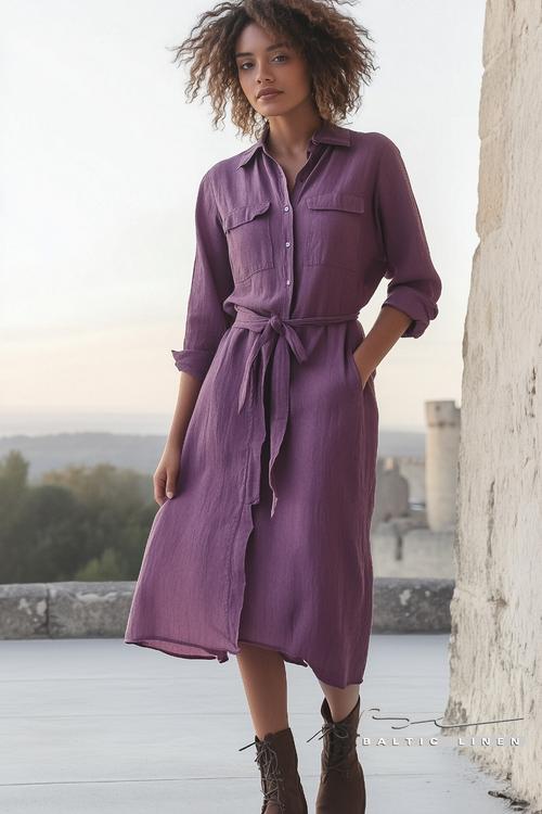 Stunning purple linen shirt dress at Carcassonne Castle backdrop