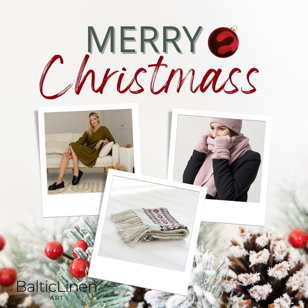 Baltic Linen wishes you a Merry Christmas! A woman sitting in an elegant pistachio-colored linen dress, perfect for the holiday season, paired with beautiful wool gifts—socks, hat, and scarf—adding warmth and style to your Christmas celebrations.