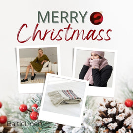 Baltic Linen wishes you a Merry Christmas! A woman sitting in an elegant pistachio-colored linen dress, perfect for the holiday season, paired with beautiful wool gifts—socks, hat, and scarf—adding warmth and style to your Christmas celebrations.
