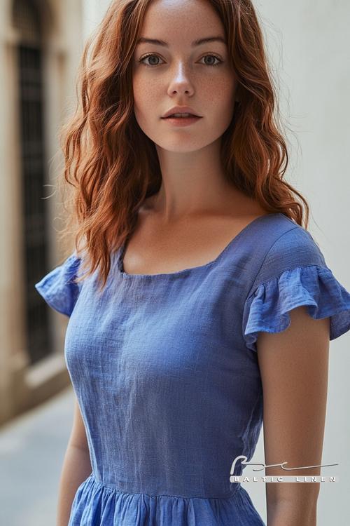 "Auburn Hair Ideas with Ruffled Blue Dress Fashion Inspiration"