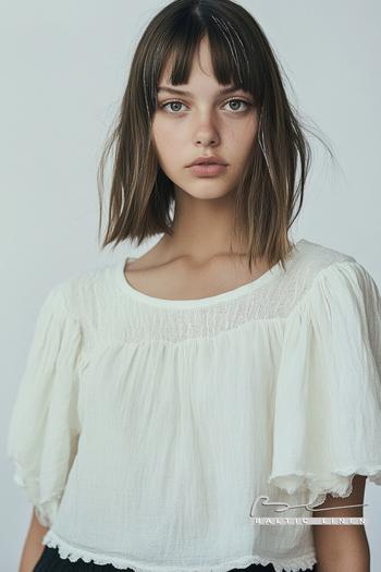 Asymmetrical bob hairstyle paired with oversized linen top fashion